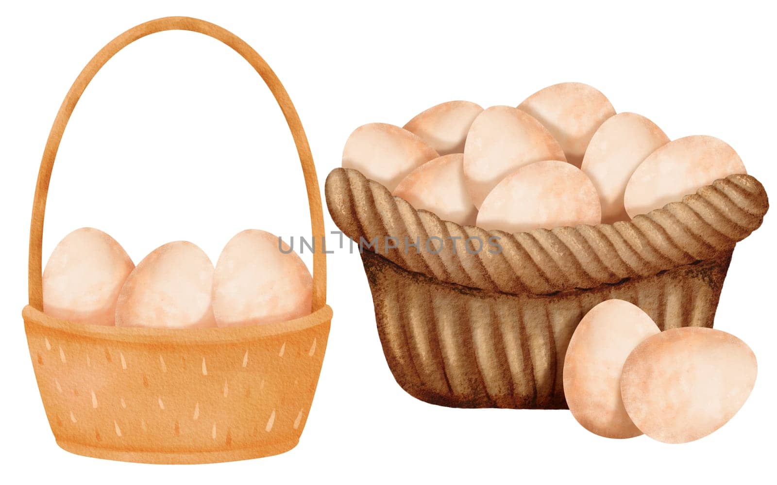 Watercolor set featuring two distinct woven baskets filled with fresh eggs. Captures the rustic beauty of farm-fresh simplicity. for conveying a wholesome atmosphere. for diverse designs, cards by Art_Mari_Ka
