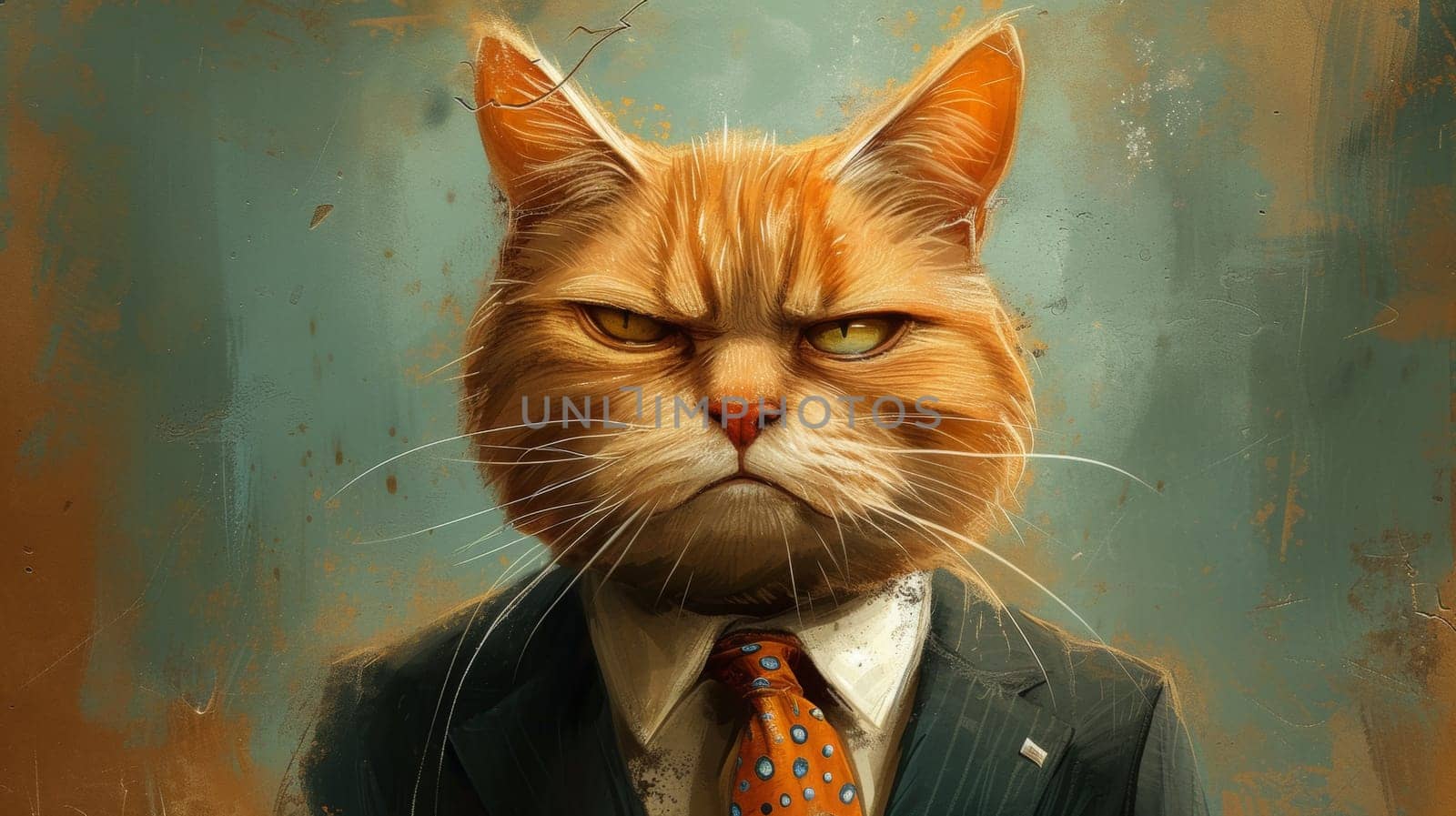 A painting of a cat wearing a suit and tie