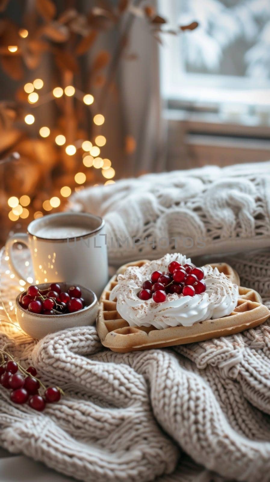 A waffle with cherries and whipped cream on a bed