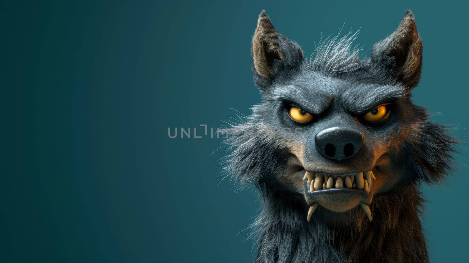 A close up of a wolf with large teeth and yellow eyes, AI by starush