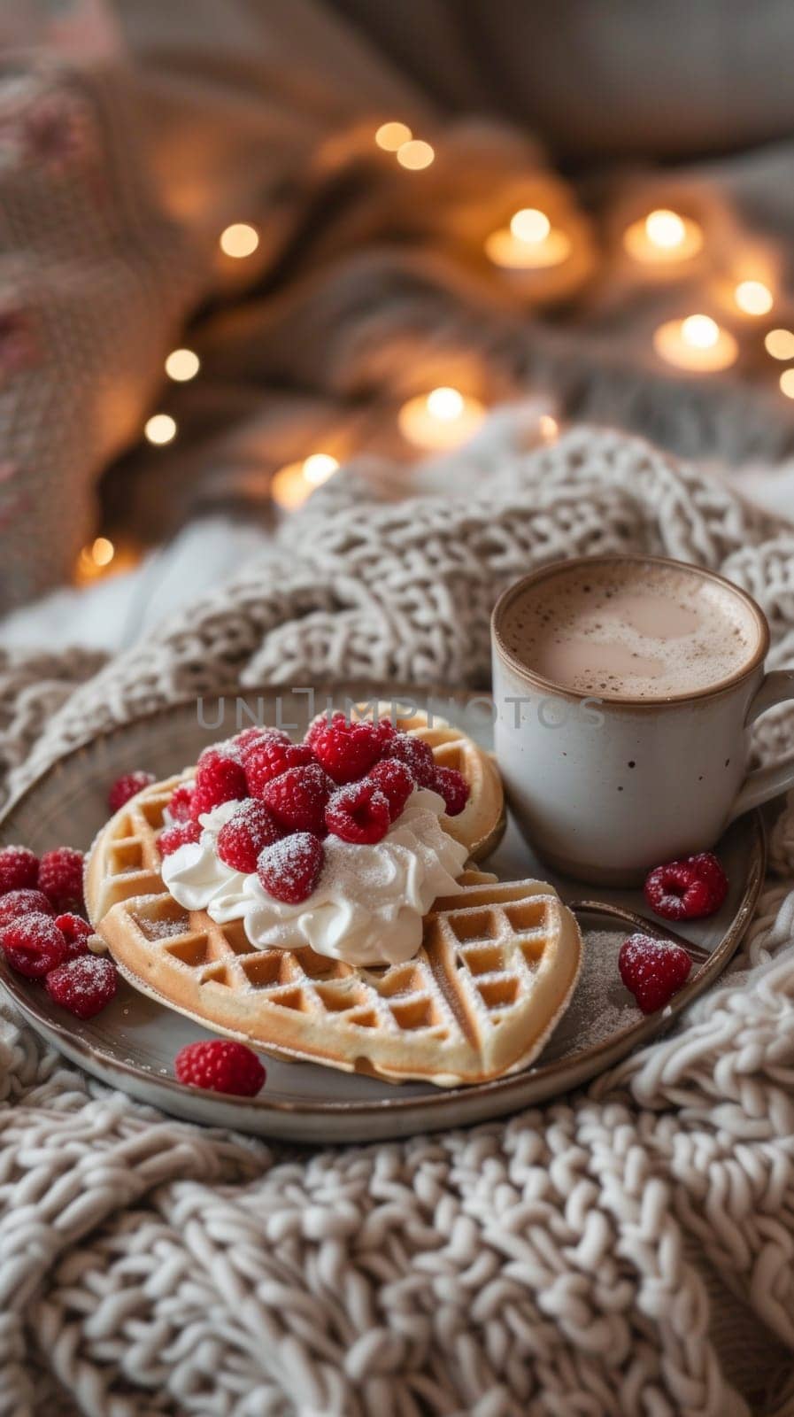 A plate of waffles with whipped cream and raspberries on a bed