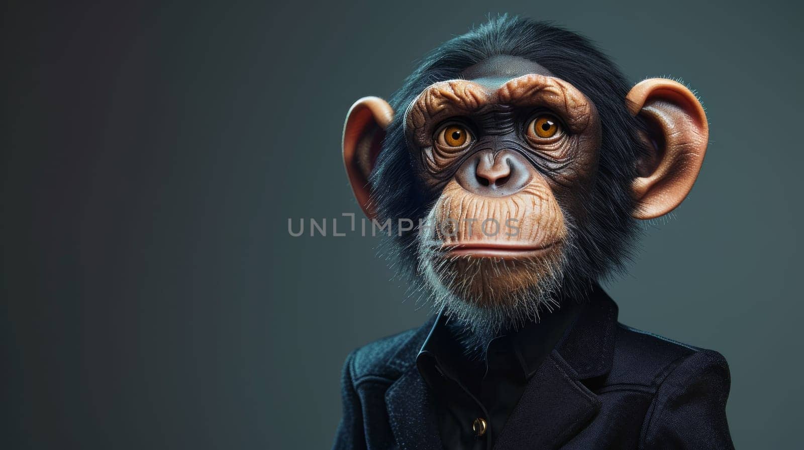 A chimpanzee wearing a black suit and tie with glasses