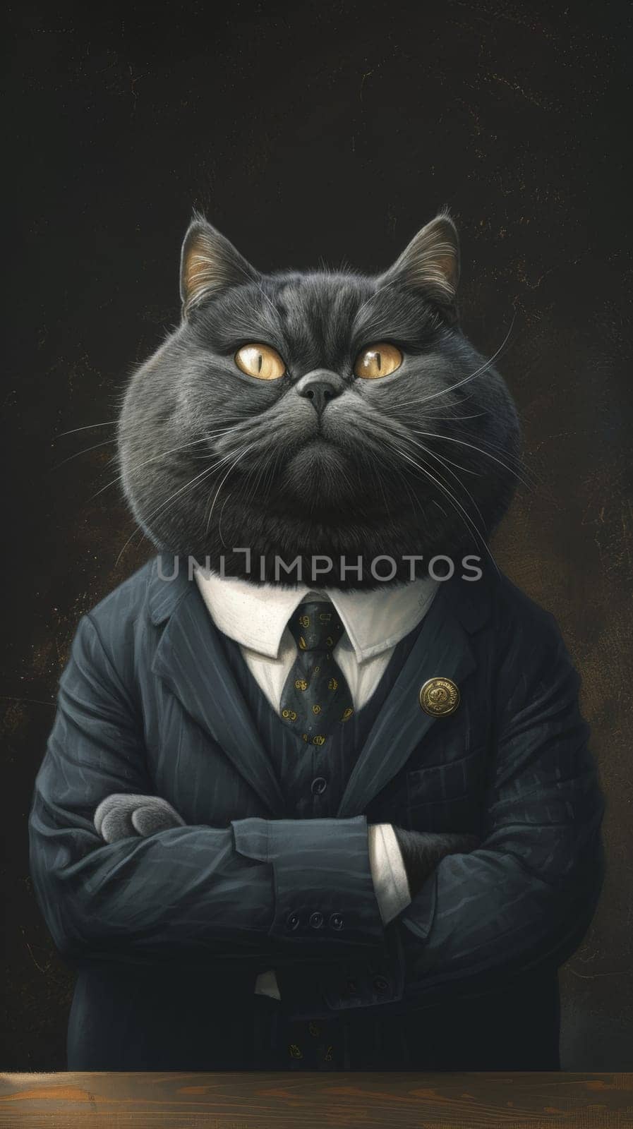 A cat in a suit and tie with arms crossed