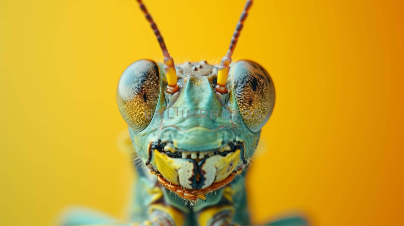 A close up of a praying mantis with yellow eyes