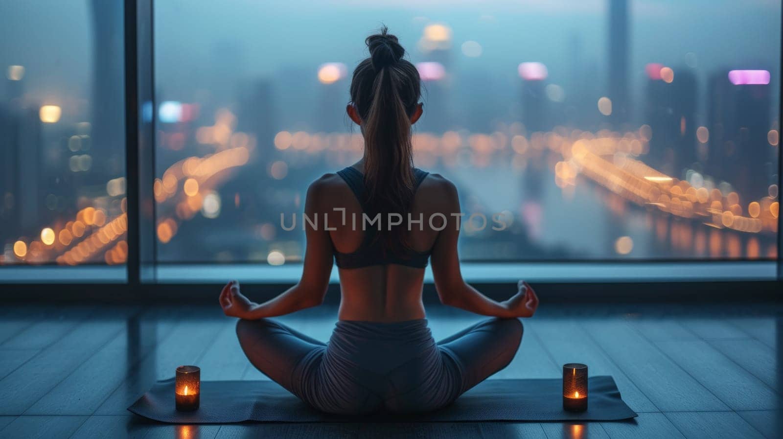 A woman sitting in a lotus position with candles lit, AI by starush