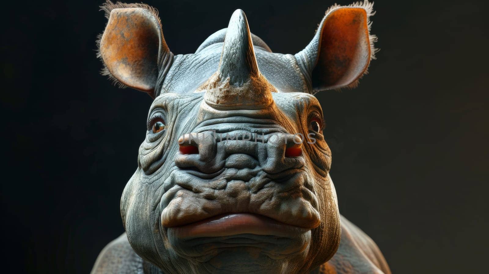 A close up of a rhino with its mouth open and horns, AI by starush