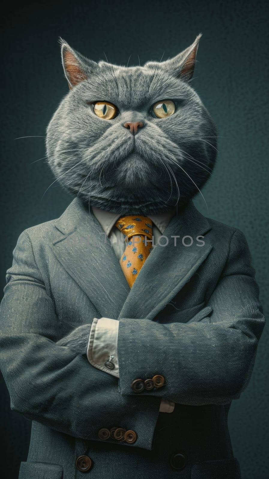 A gray cat wearing a suit and tie with arms crossed, AI by starush