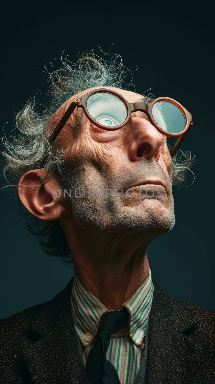 A man with glasses looking up at the sky