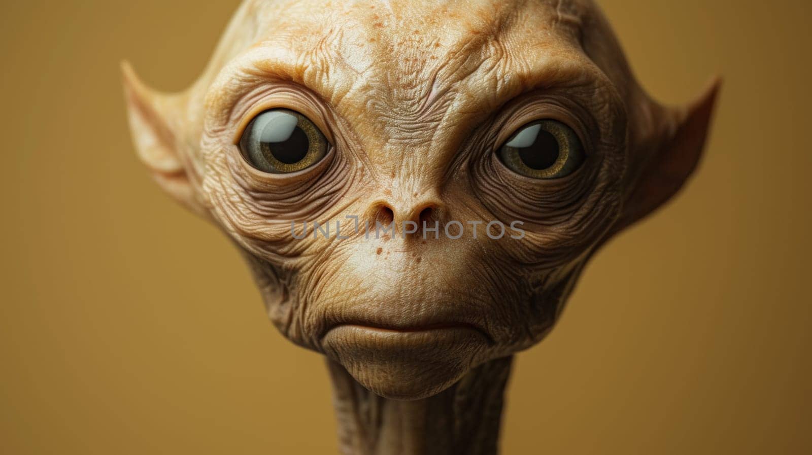 A close up of a weird looking alien head on a brown background