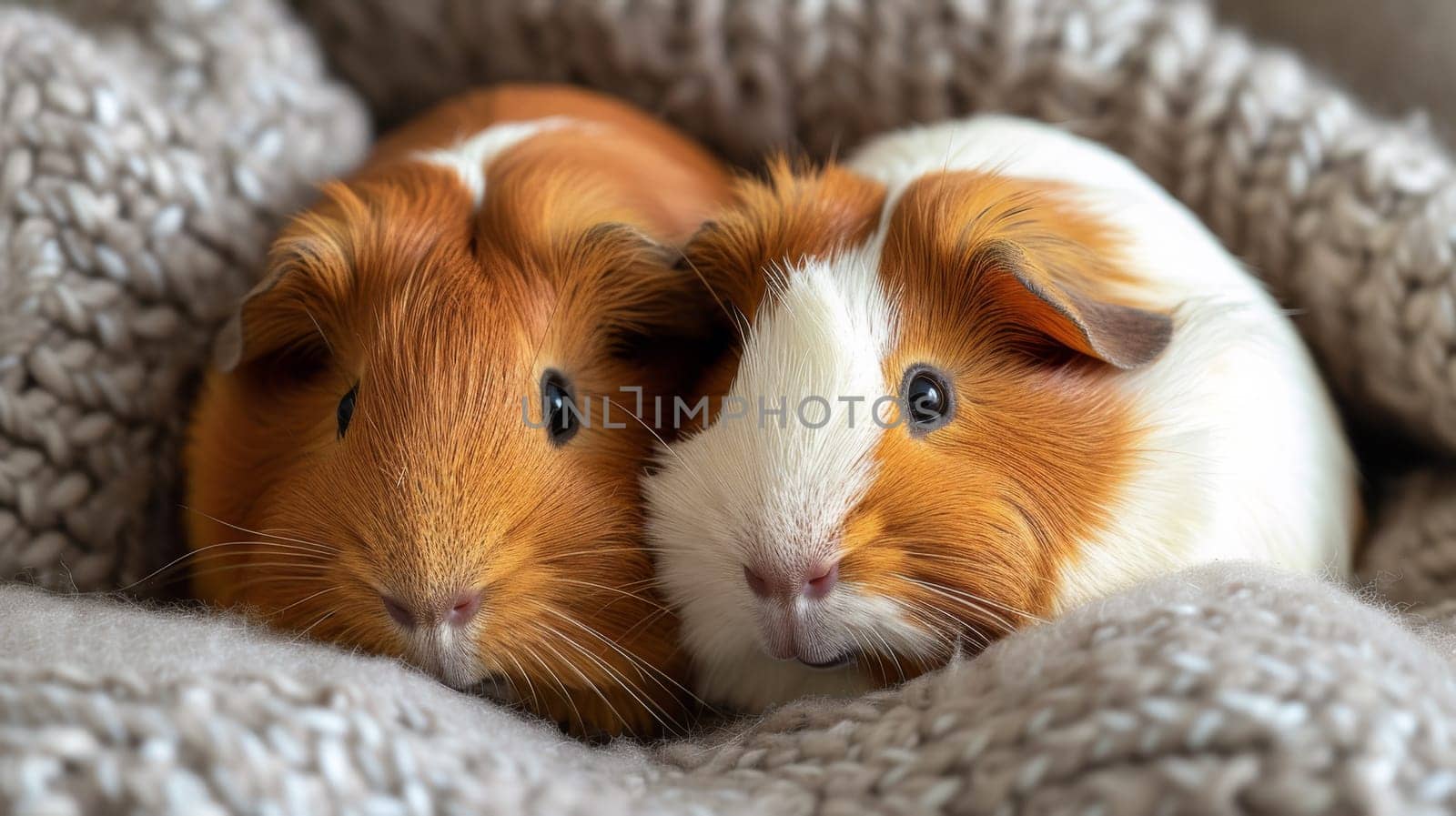 Two guinea pigs are laying on a blanket together