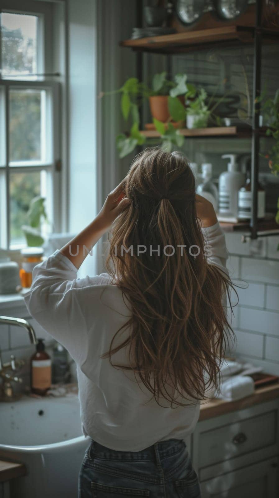 A woman in a kitchen with her hair up and looking out the window