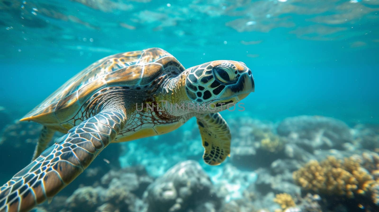 A turtle swimming in the ocean with a coral reef behind it