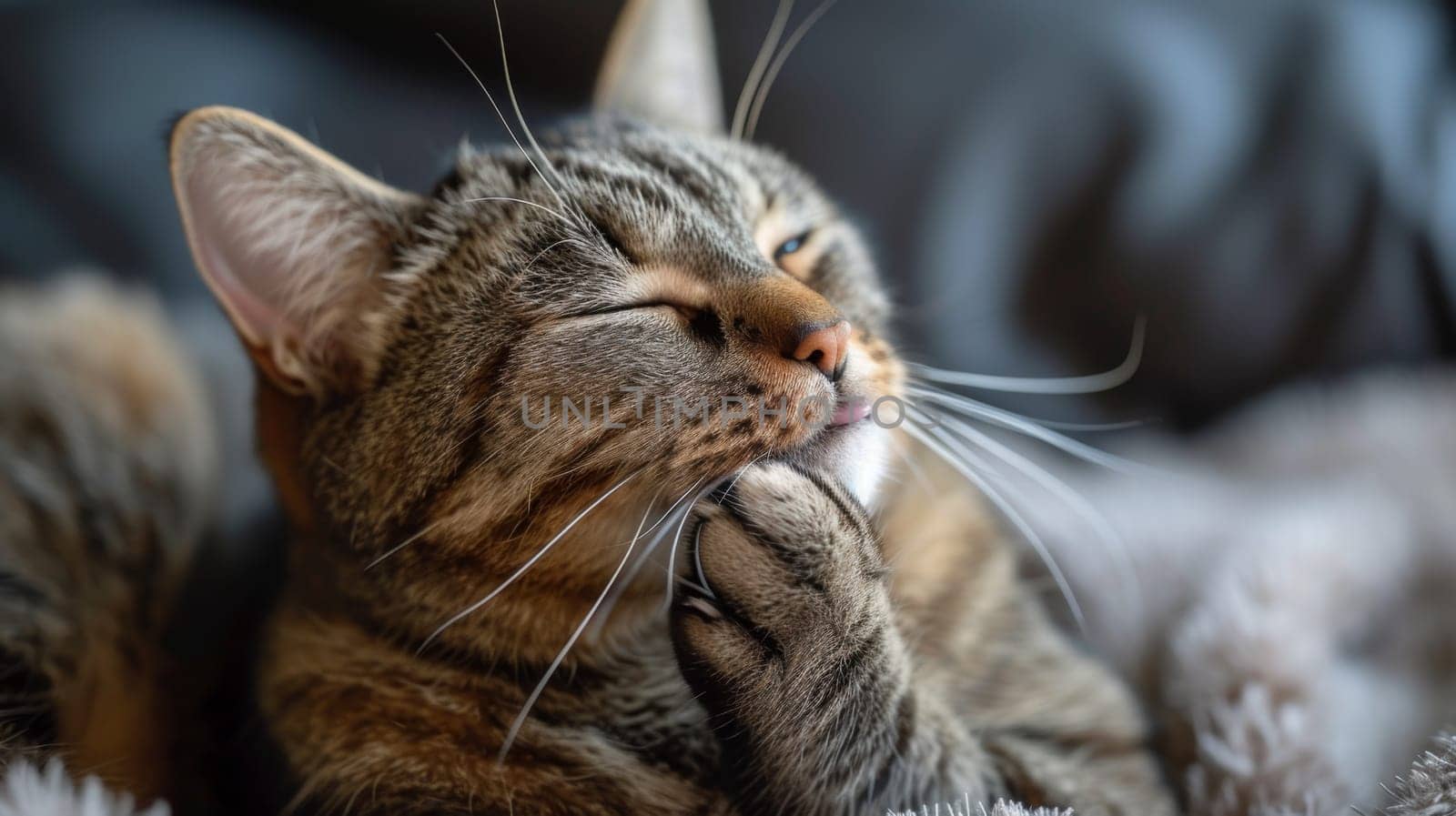 A cat laying on a blanket with its paw in the air