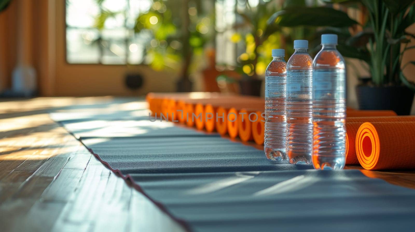 Two bottles of water sit on a mat next to yoga mats, AI by starush