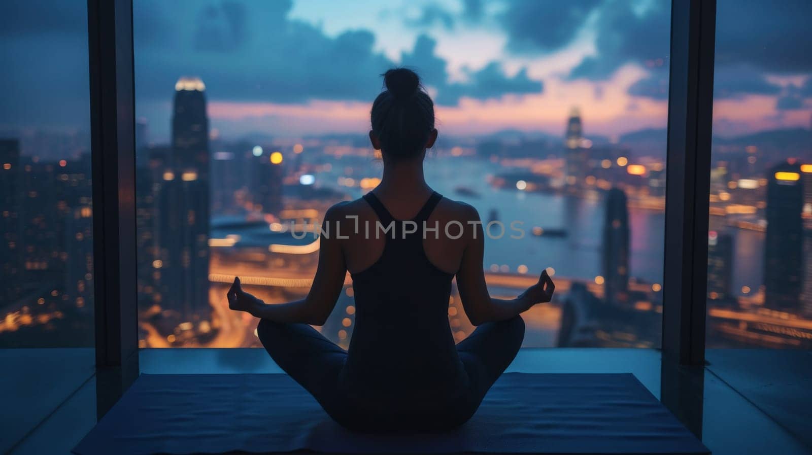 A woman sitting in lotus position with city lights behind her