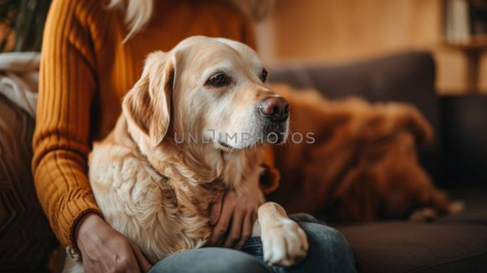 A woman sitting on a couch with her dog in her lap
