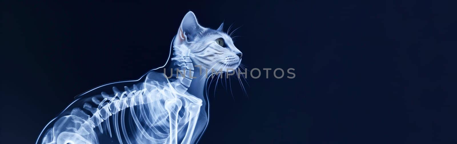 Banner Radiographs, X Ray Picture With Cat's Skeleton for Treatment and Diagnosis. Space For Text. Animal Hospitals, Vet. Pet Scan. AI Generated. Positron Emission Tomography Mockup. High quality