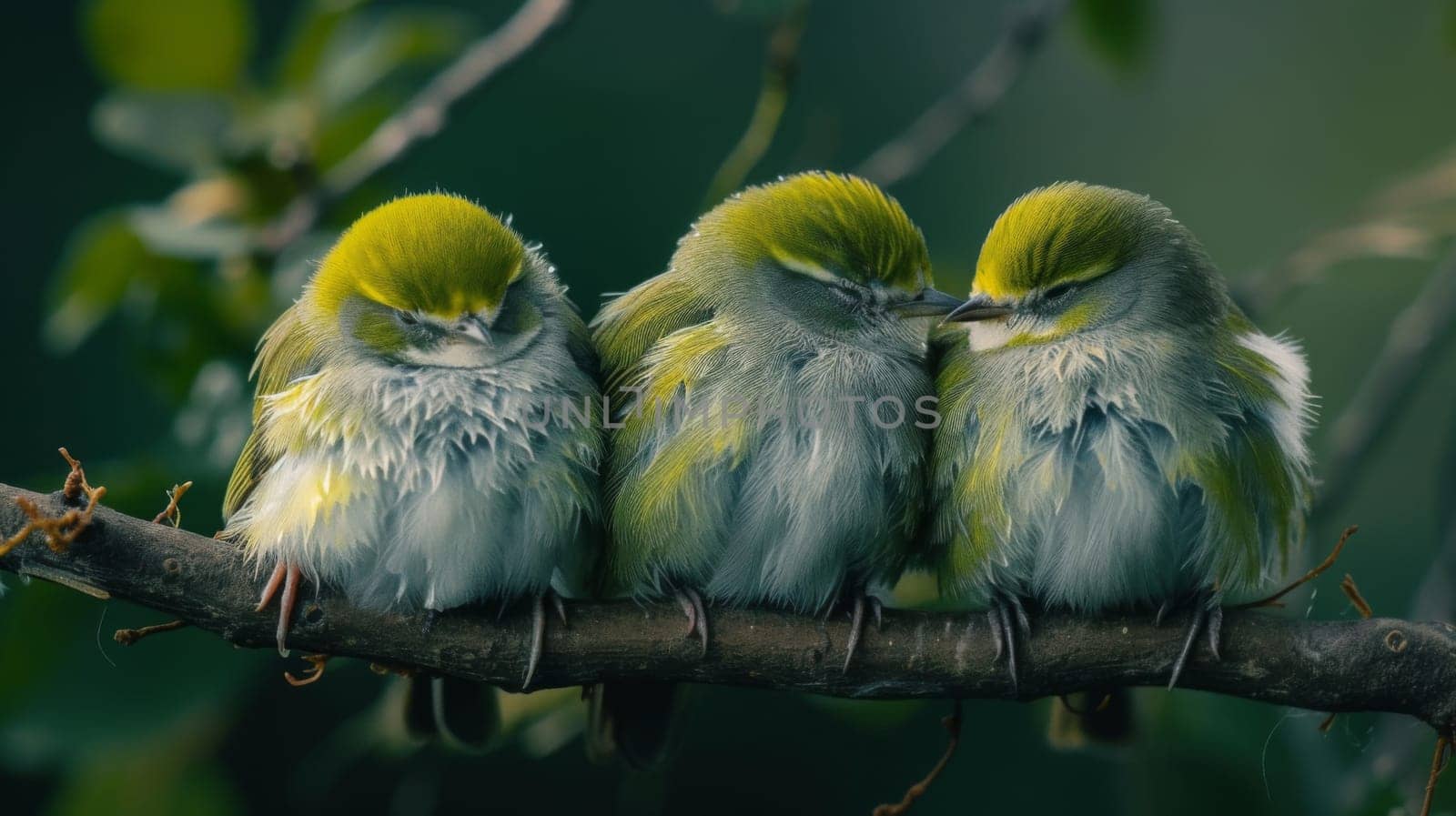 Three birds are sitting on a branch together with their heads touching, AI by starush