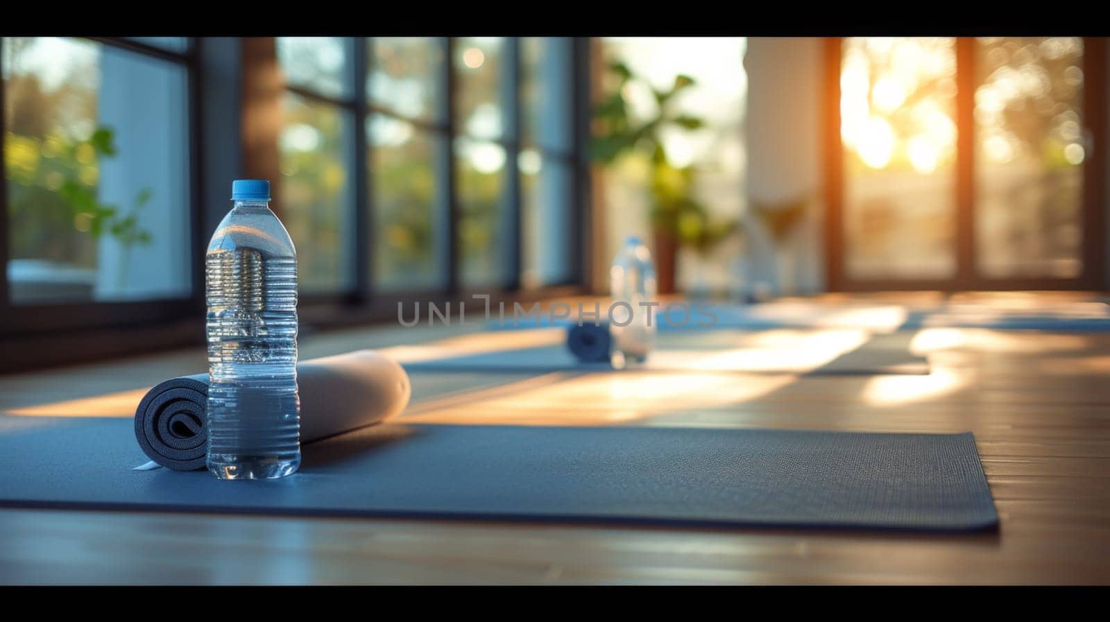 A row of yoga mats with water bottles on them in a room