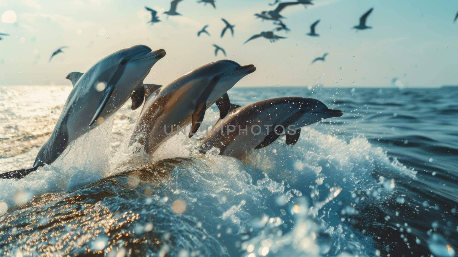 A group of dolphins jumping out of the water in front of birds