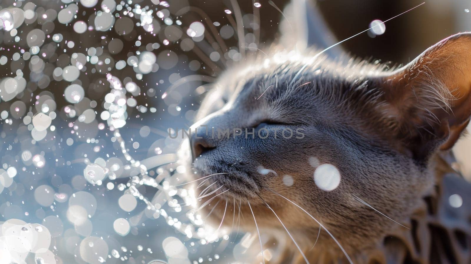 A close up of a cat with water droplets on its face