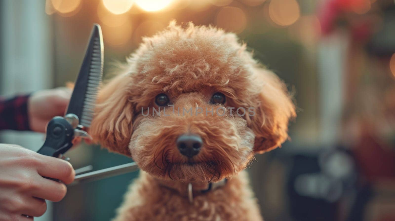 A dog being groomed by a person with scissors, AI by starush