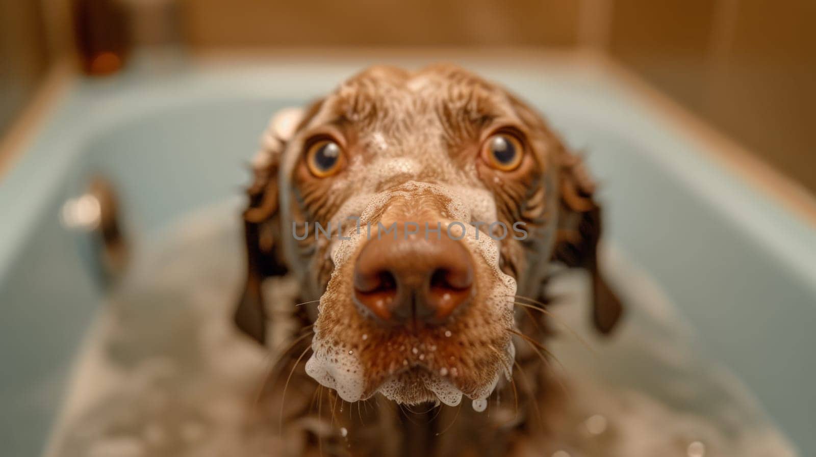 A dog in a bathtub with water and soap on his face