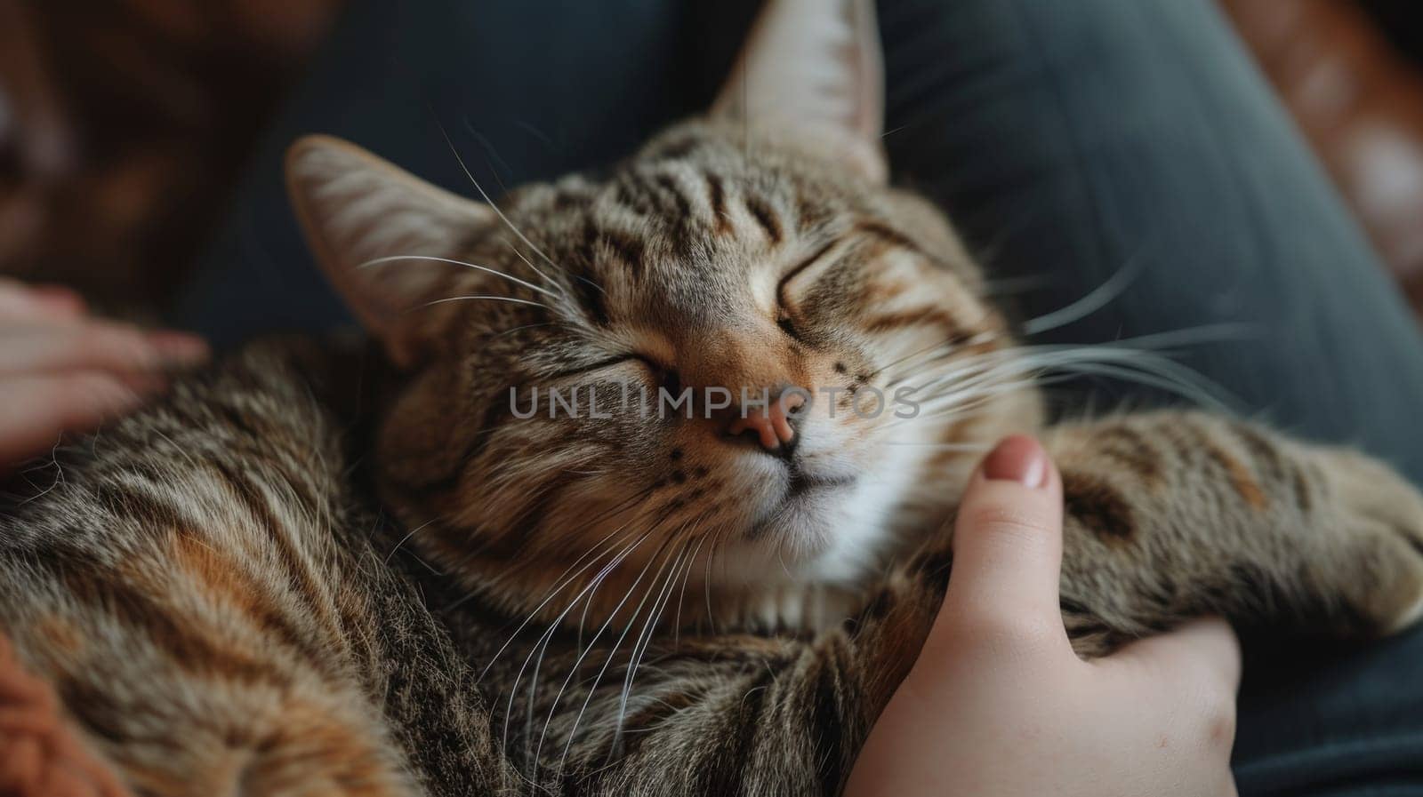 A cat sleeping on a persons lap while being held, AI by starush