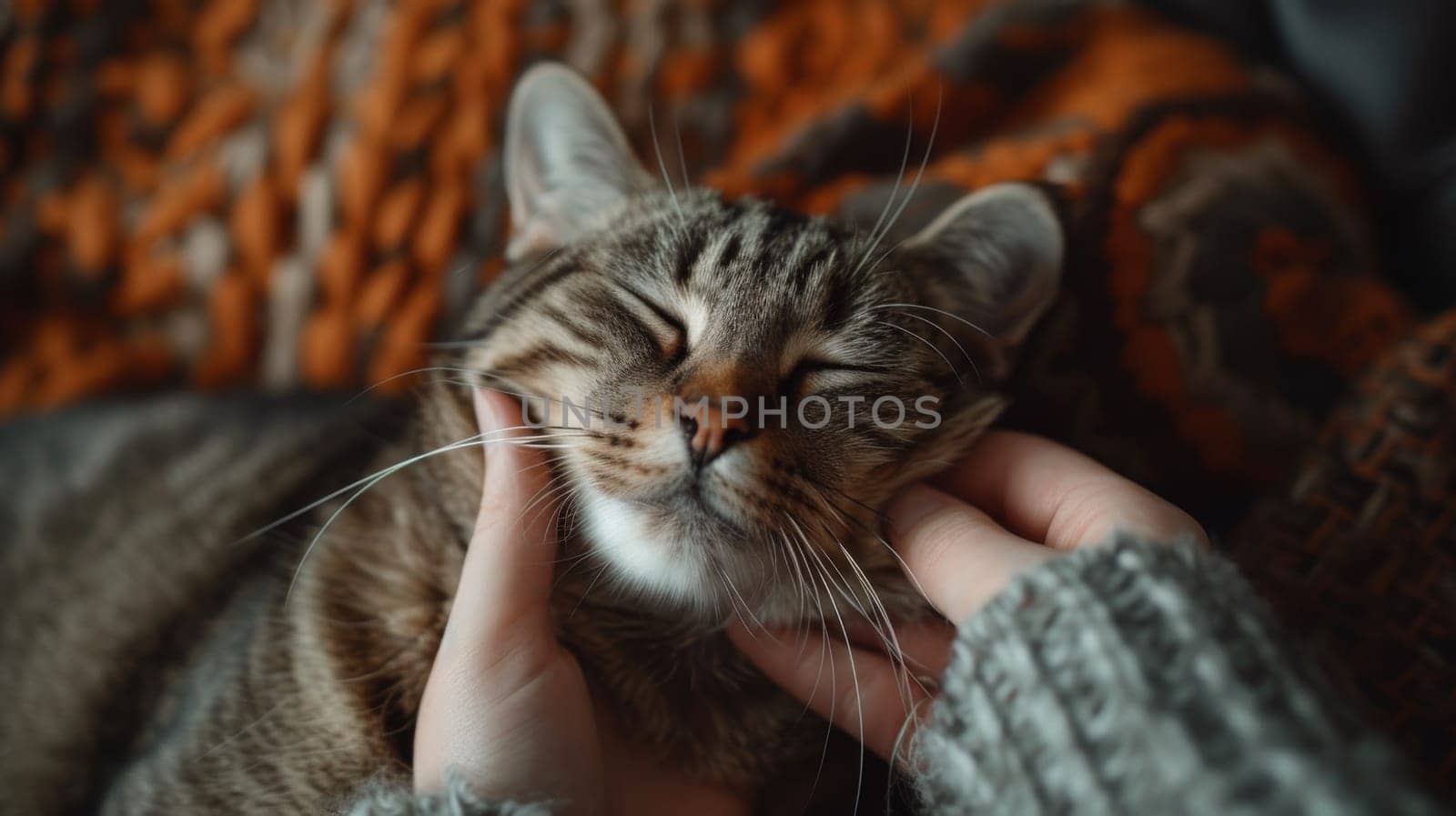 A person petting a cat with their hands on the cats face, AI by starush