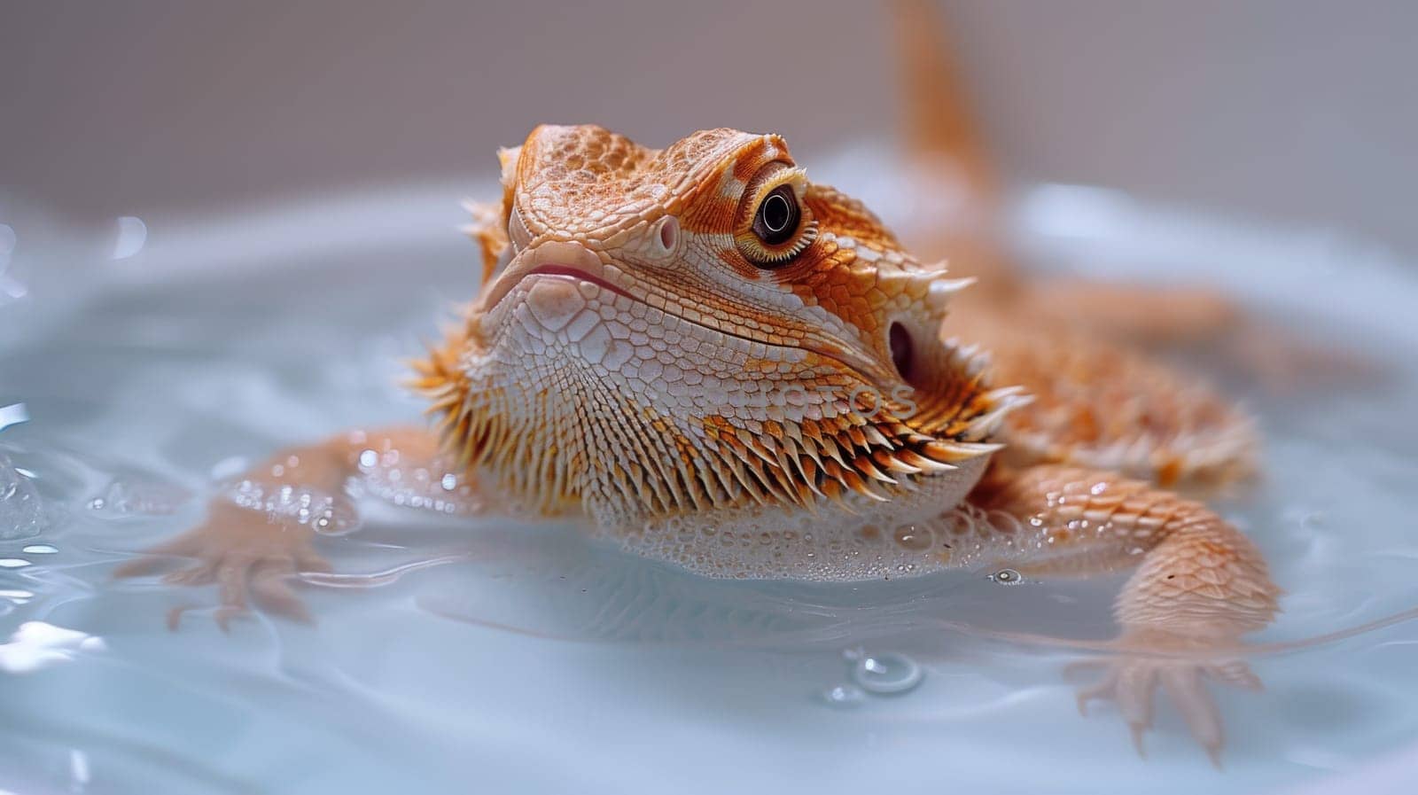 A bearded lizard is in a tub of water with bubbles, AI by starush