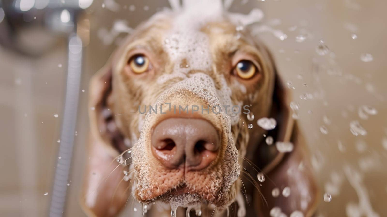 A dog is taking a shower in the bathroom with water, AI by starush