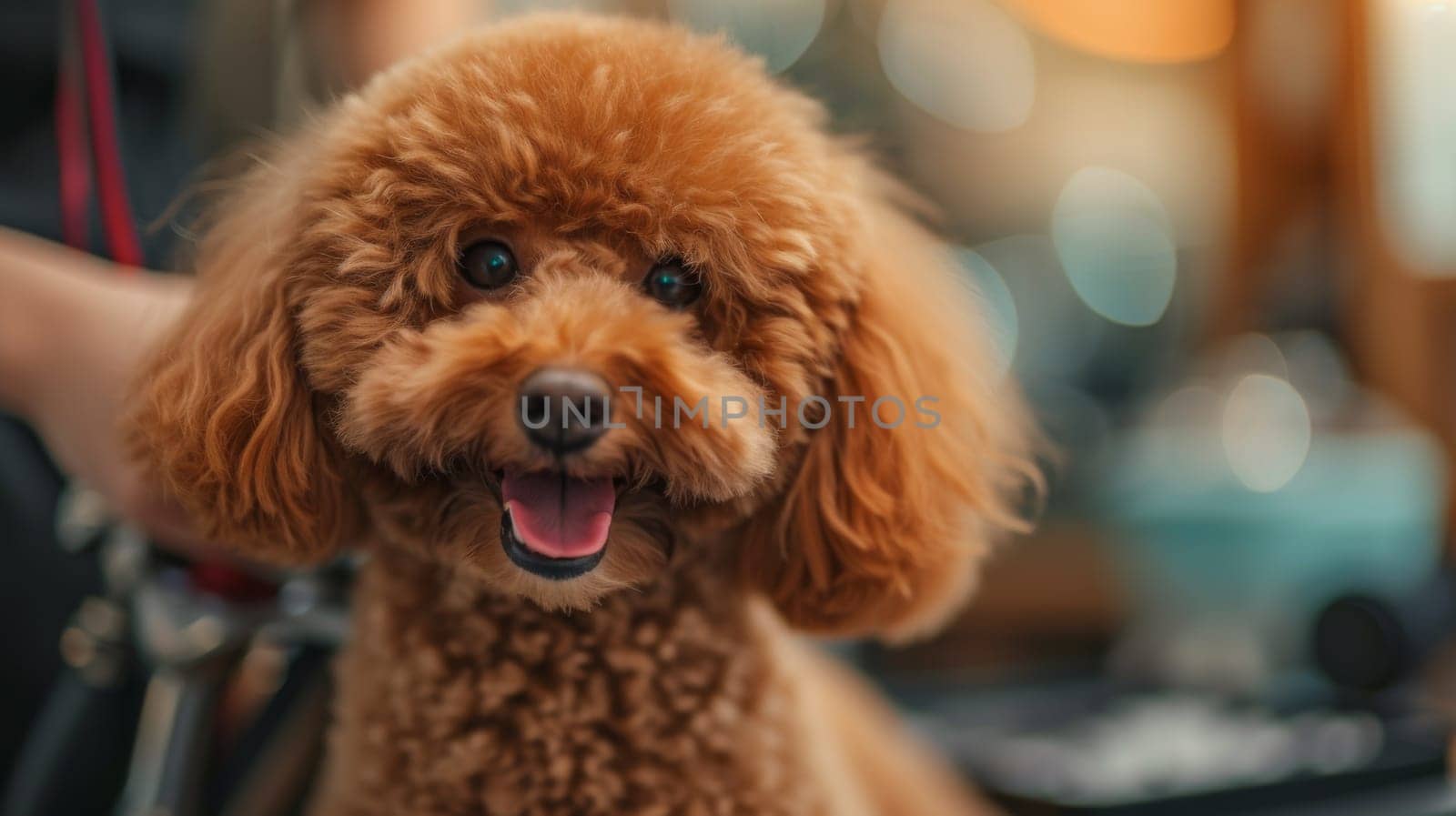 A brown dog with a smile on its face sitting in front of someone