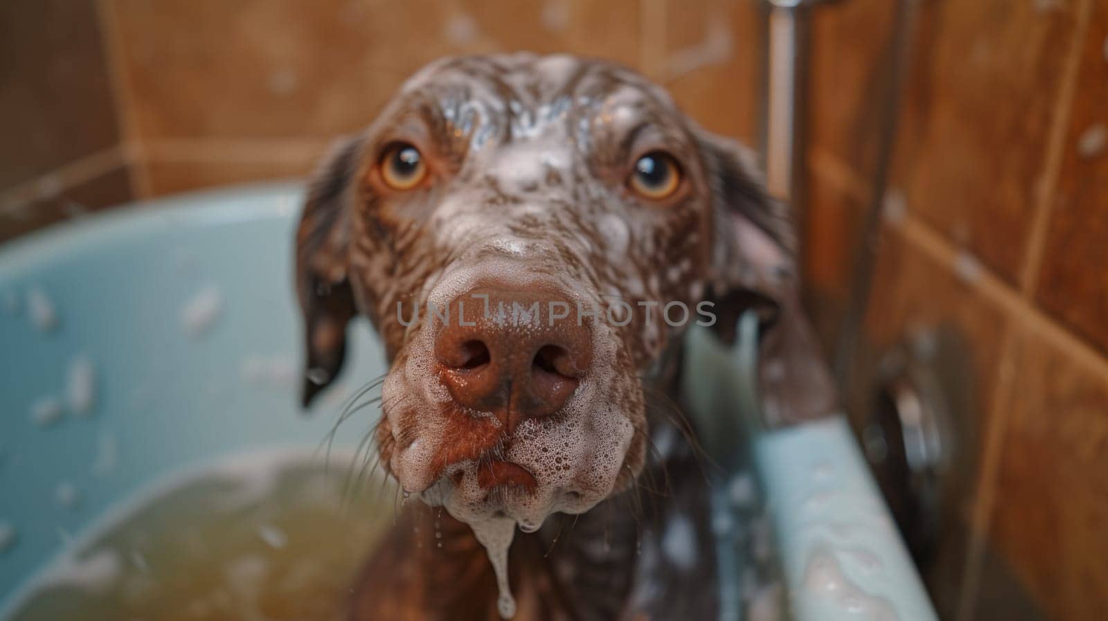 A dog is taking a bath in the sink with water, AI by starush