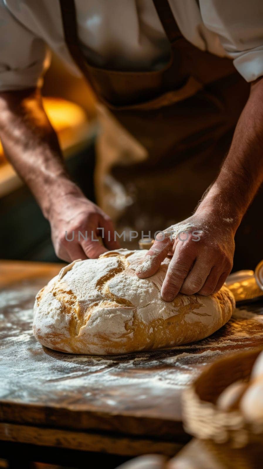 A man kneading bread on a wooden table with flour