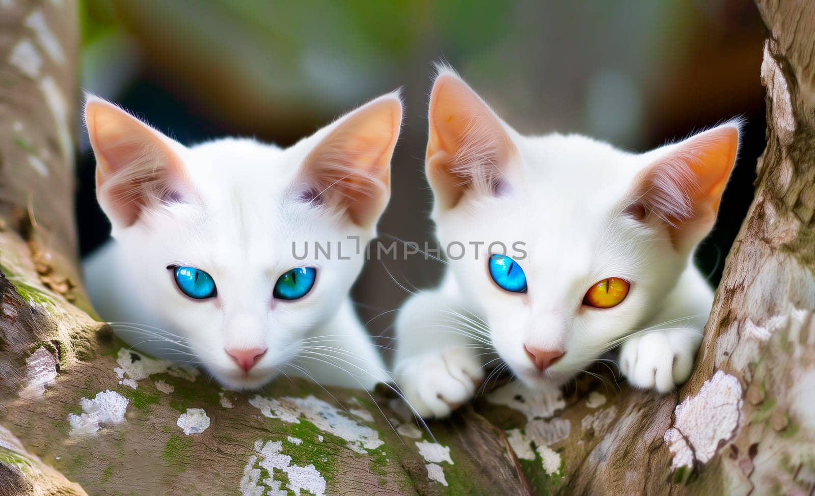 Closeup Portrait of Khao Manee White Cats, Kittens on Tree. Blue and Yellow Jewelry Eyes. Khao Plort, known as Diamond Eye Cat in Thailand. AI Generated. Horizontal Plane. National Cat Day