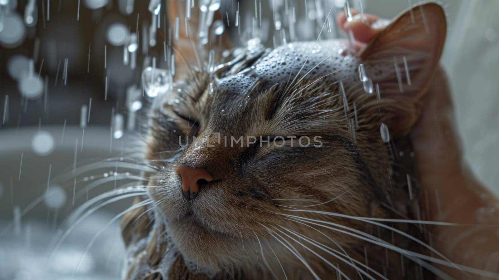 A cat is being washed with a stream of water in the tub