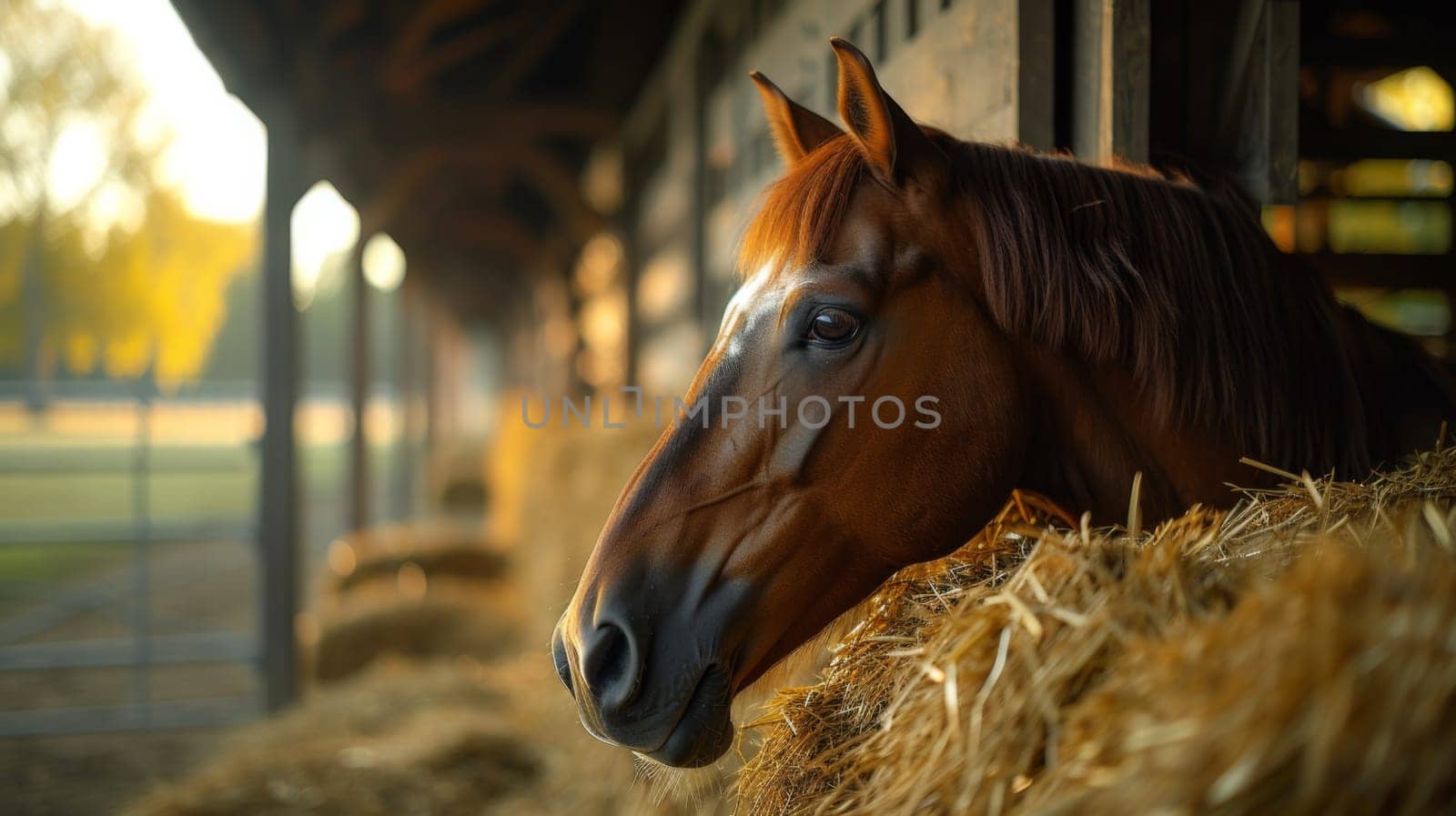 A horse is leaning over the hay bales in a stable, AI by starush