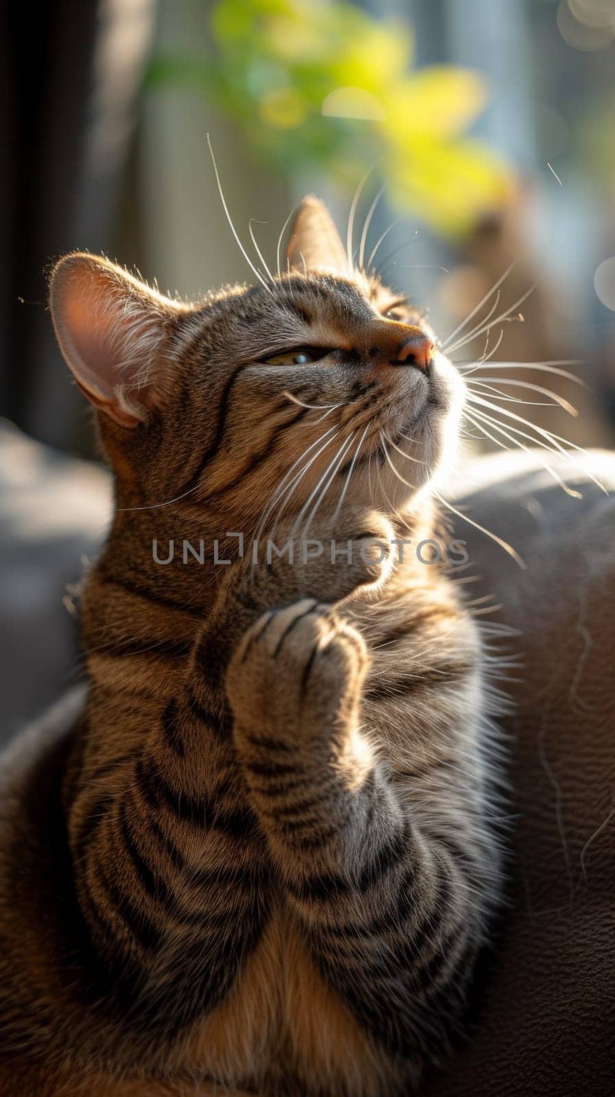 A cat sitting on a couch with its paws up