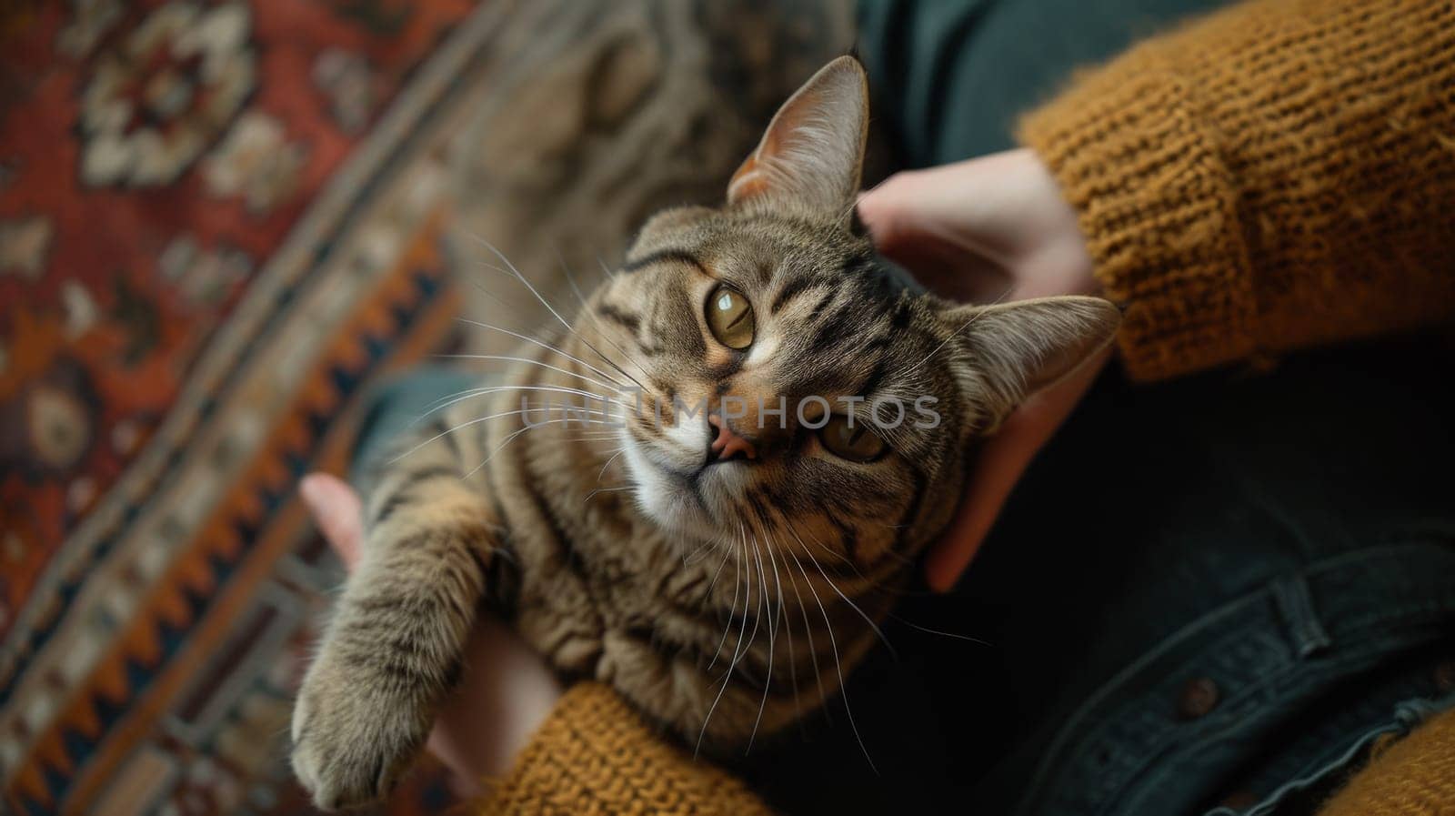 A person holding a cat in their hands with the cats face looking up, AI by starush