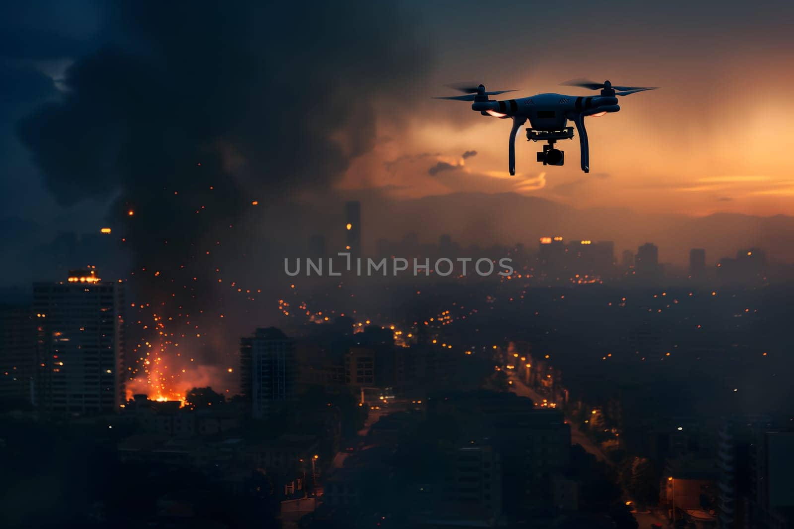 Copter drone over burning city. Neural network generated image. Not based on any actual scene or pattern.