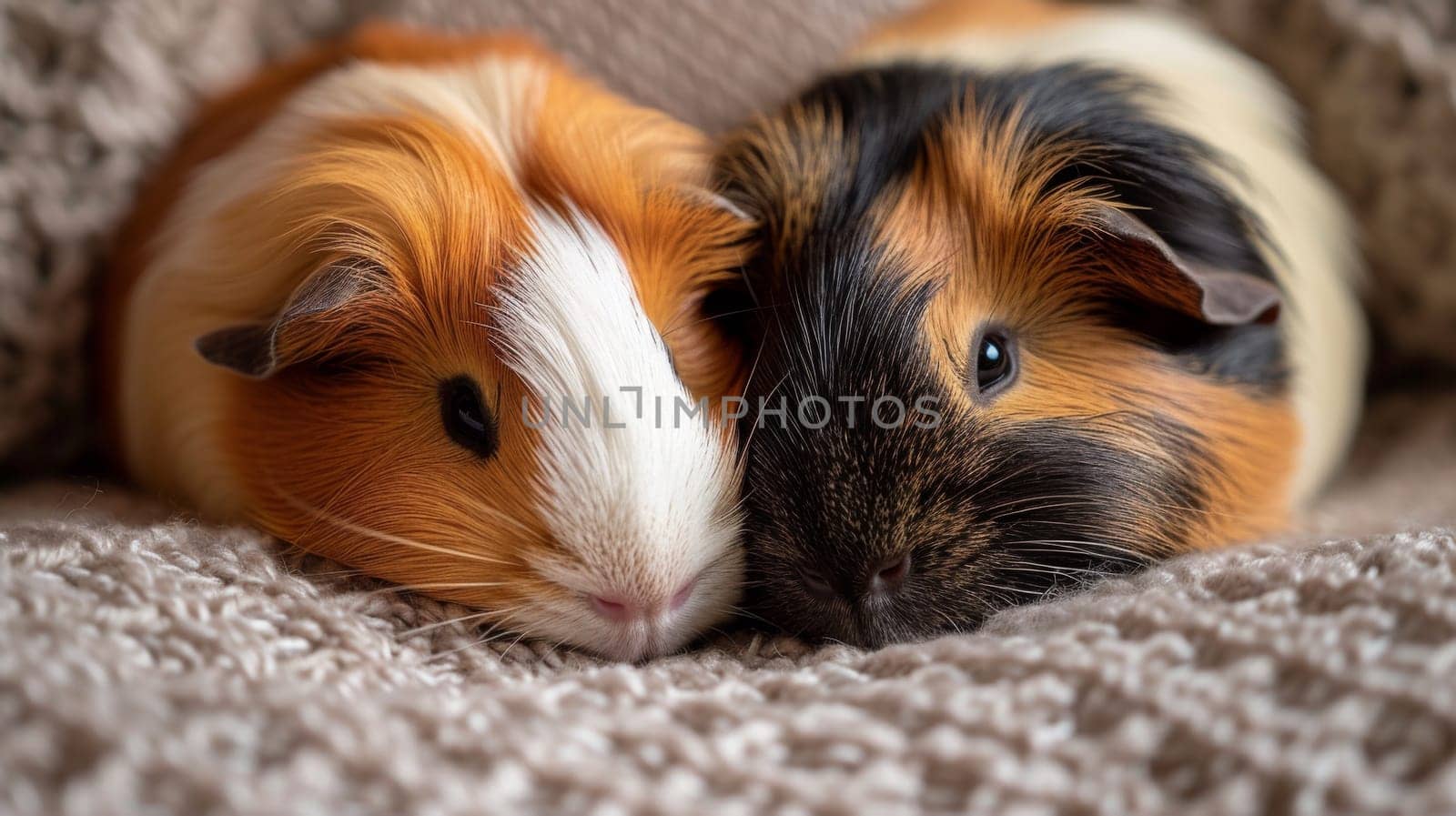 Two small guinea pigs are laying together on a blanket