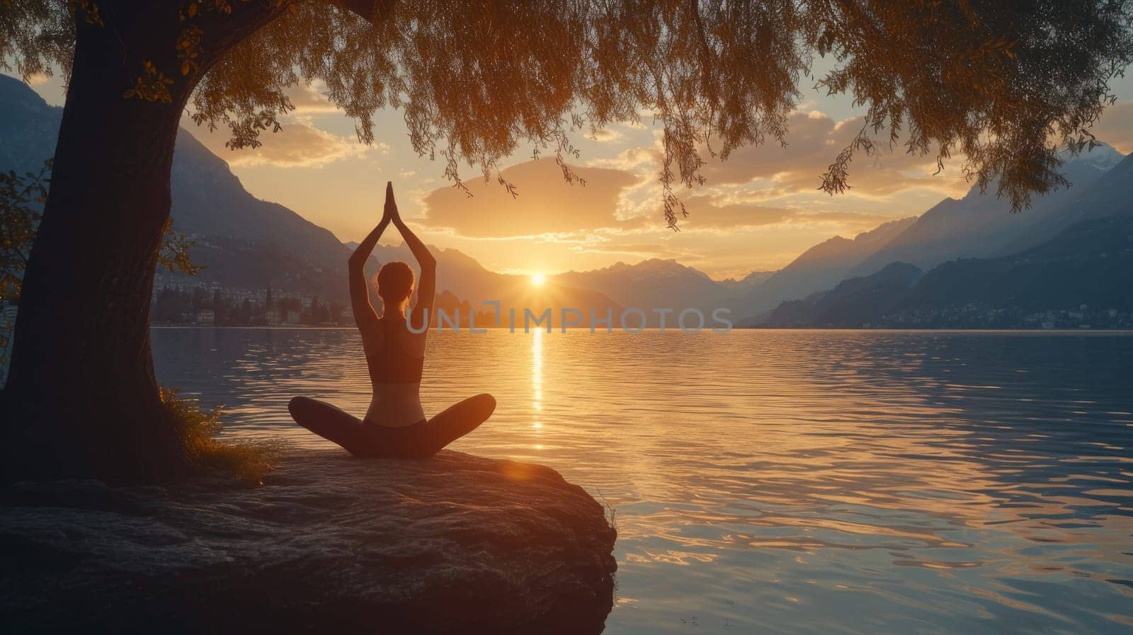 A woman sitting on a rock in the water doing yoga, AI by starush