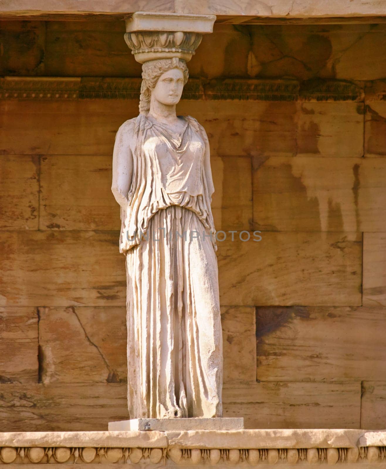 Greek history, ancient pillar or statue with keystone arch, architectural detail or tourist attraction site. Background, outdoor or stone sculpture of temple building for culture in Acropolis, Greece.