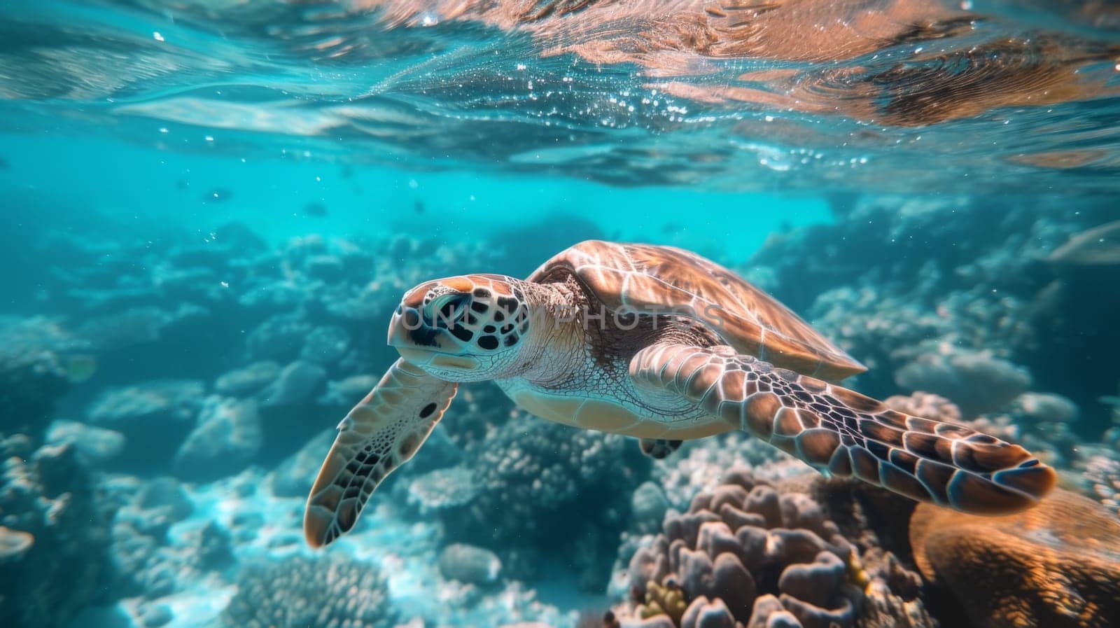 A turtle swimming over a coral reef in the ocean