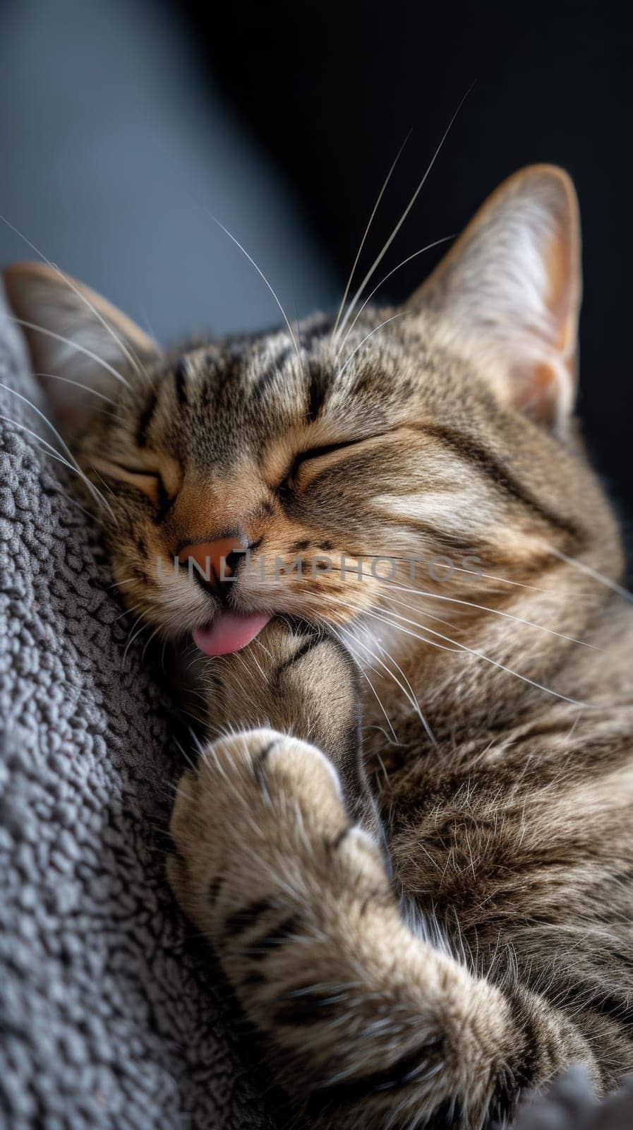 A cat laying on a couch with its tongue out