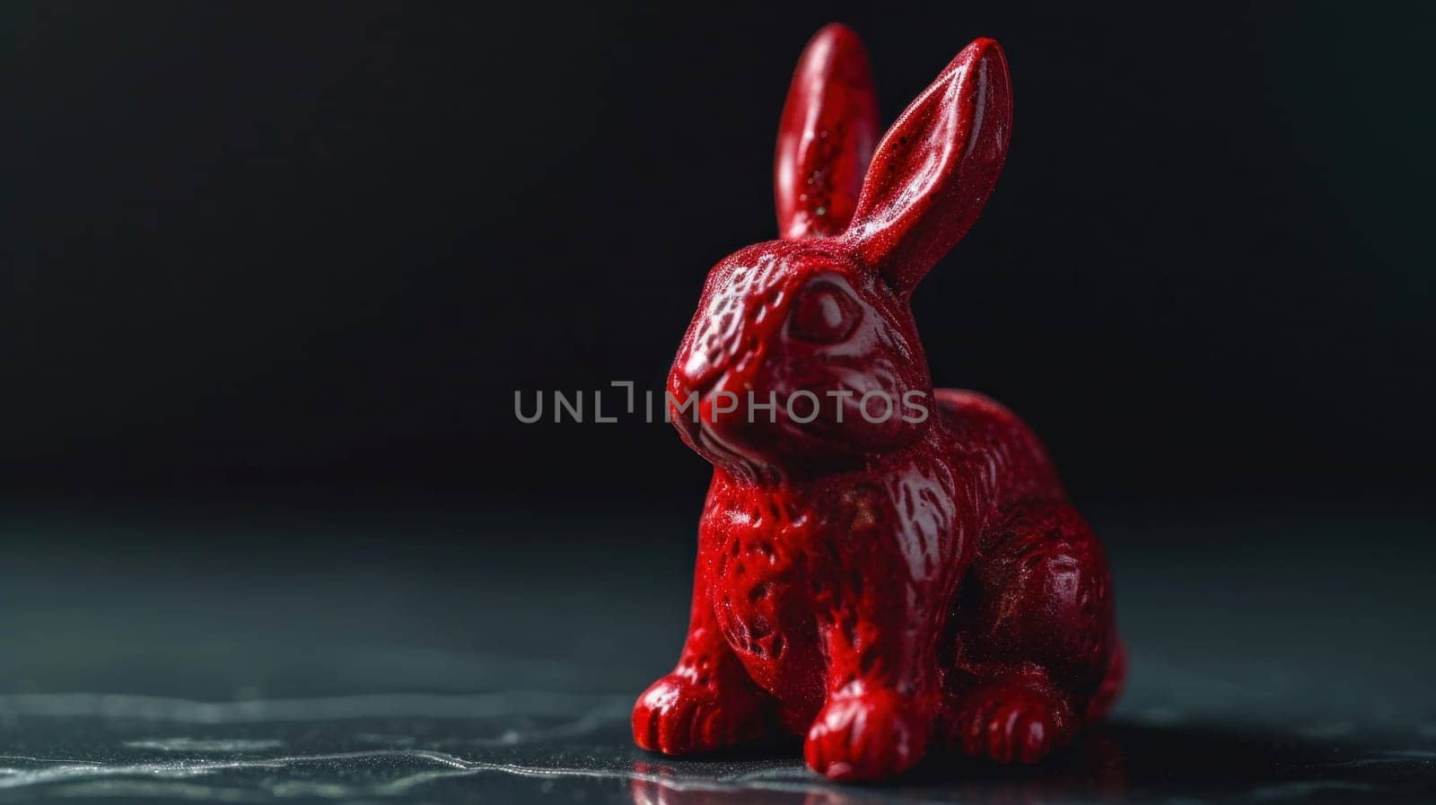 A red rabbit figurine sitting on a black surface