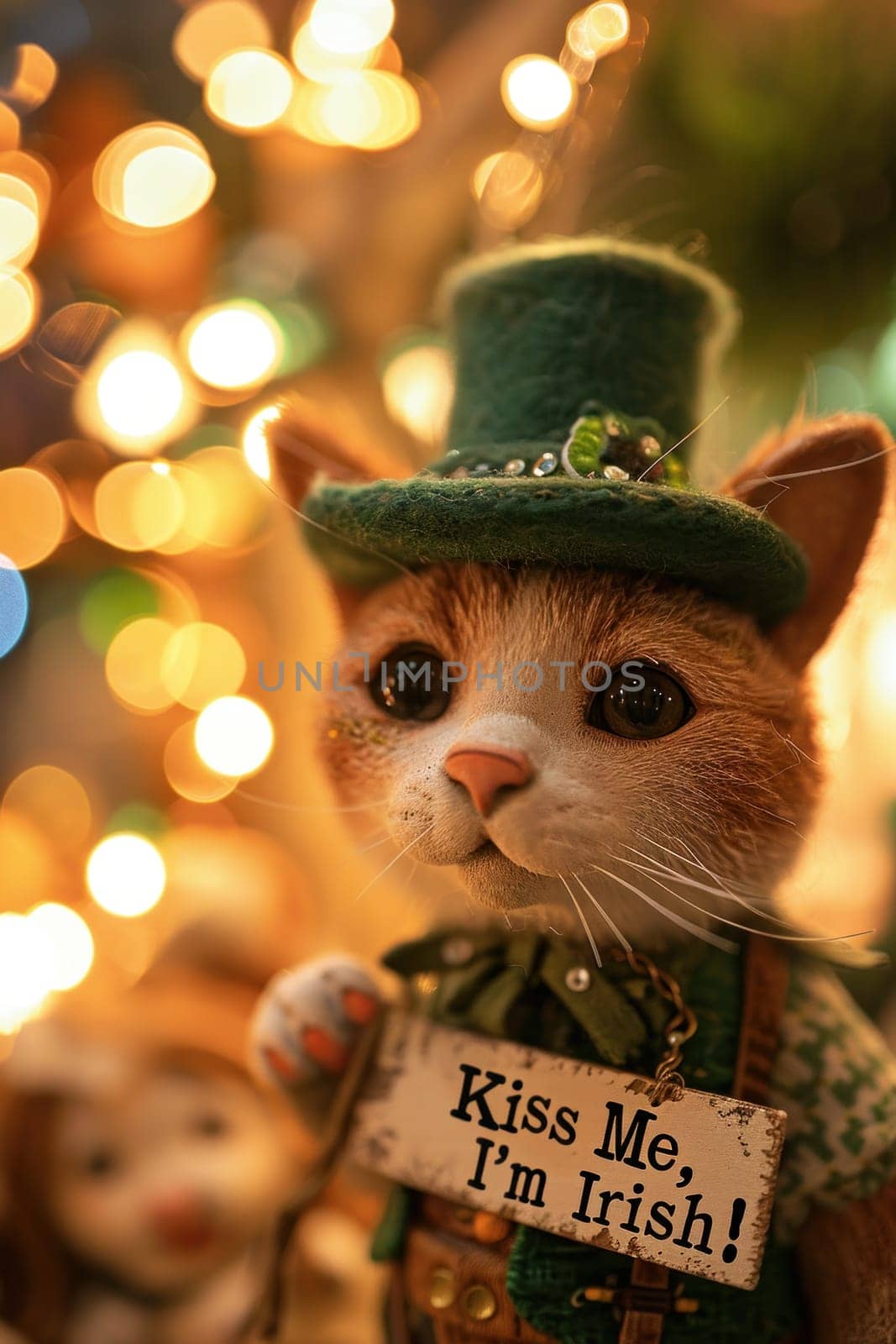 A close up of a cat dressed in green holding an irish hat, AI by starush