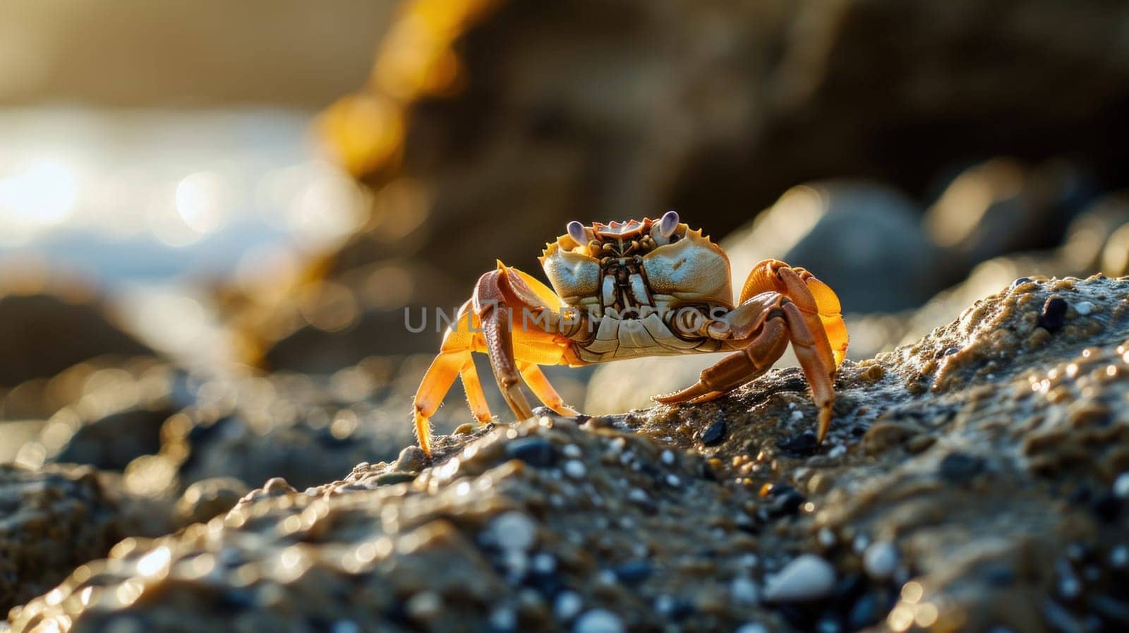 A crab is standing on a rock with the ocean in view