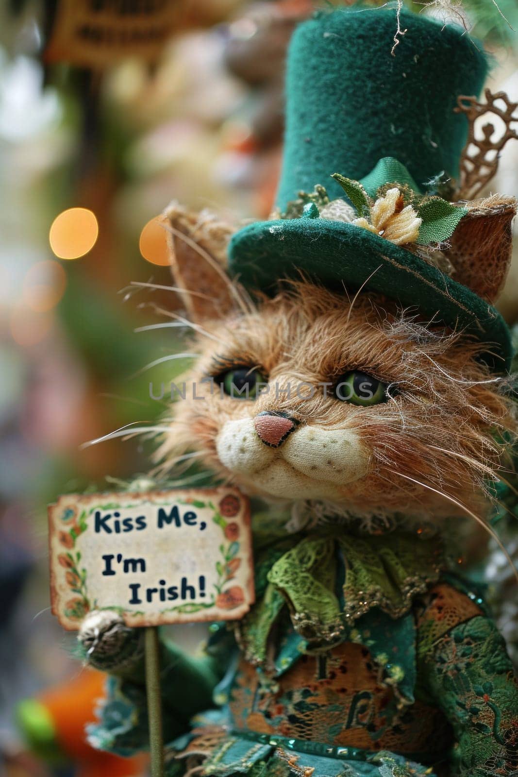 A cat dressed in a green hat and holding up an irish sign, AI by starush