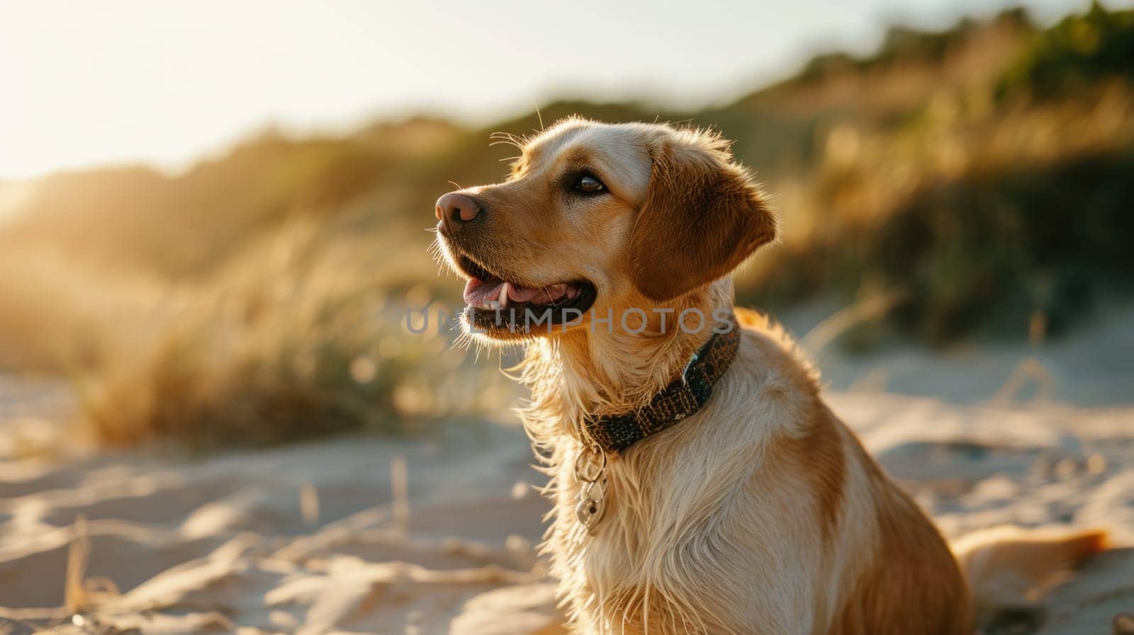 A dog sitting on top of a sandy beach with the sun in his eyes